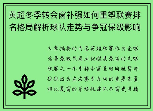 英超冬季转会窗补强如何重塑联赛排名格局解析球队走势与争冠保级影响研究 英超冬季转会窗补强如何重塑联赛排名格局解析球队走势与争冠保级影响研究
